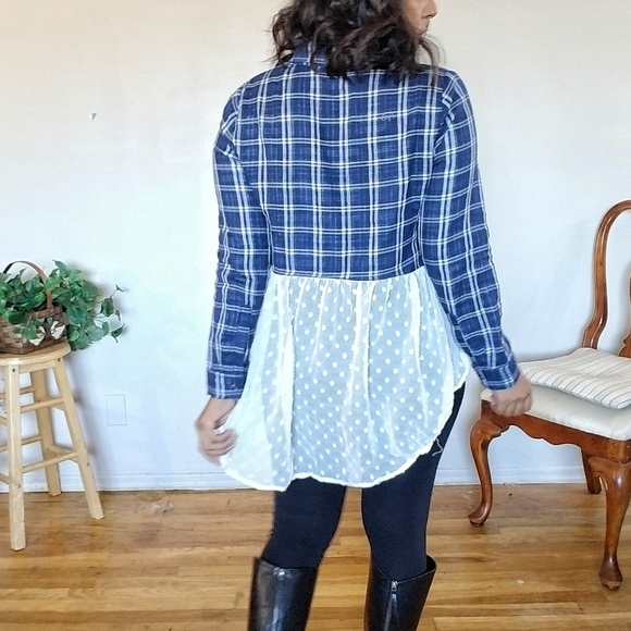 PRETTY IN PLAID BLUE CREAM SHIRT TOP - Picture 13 of 15